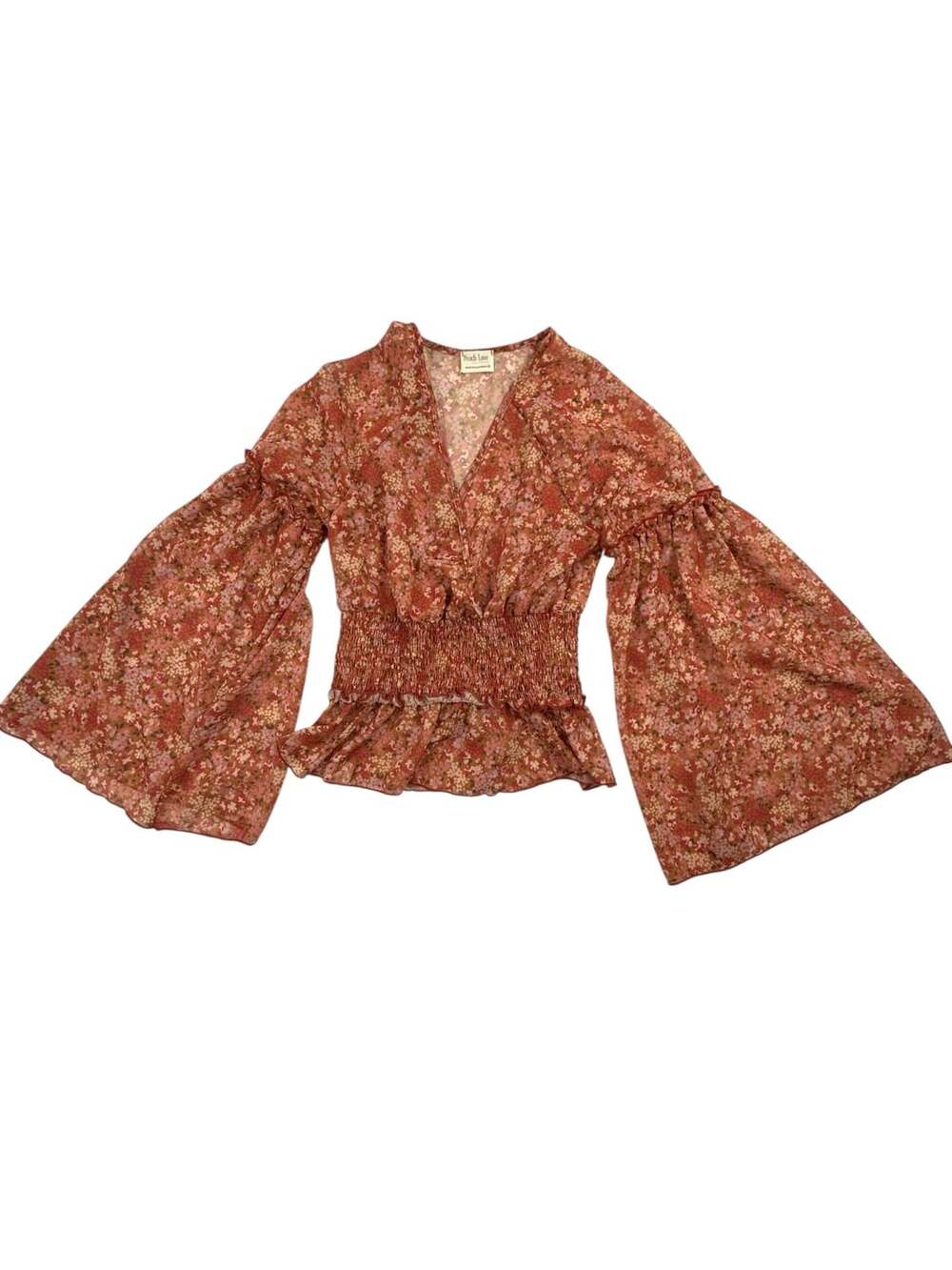 Peach Love California Floral Smocked Waist Bell Sleeve Wrap Blouse